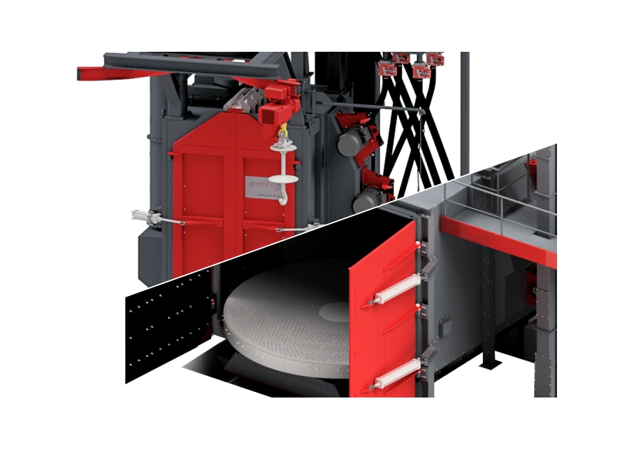 Combination of bogie table and hook shot blasting machine