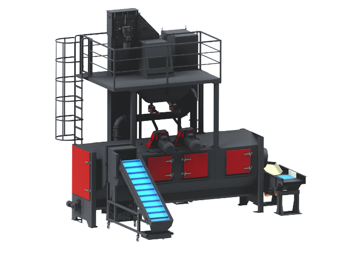 Continuous tumble belt blast machine