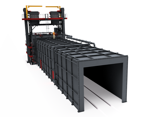 Continuous shot blasting machine with trolley